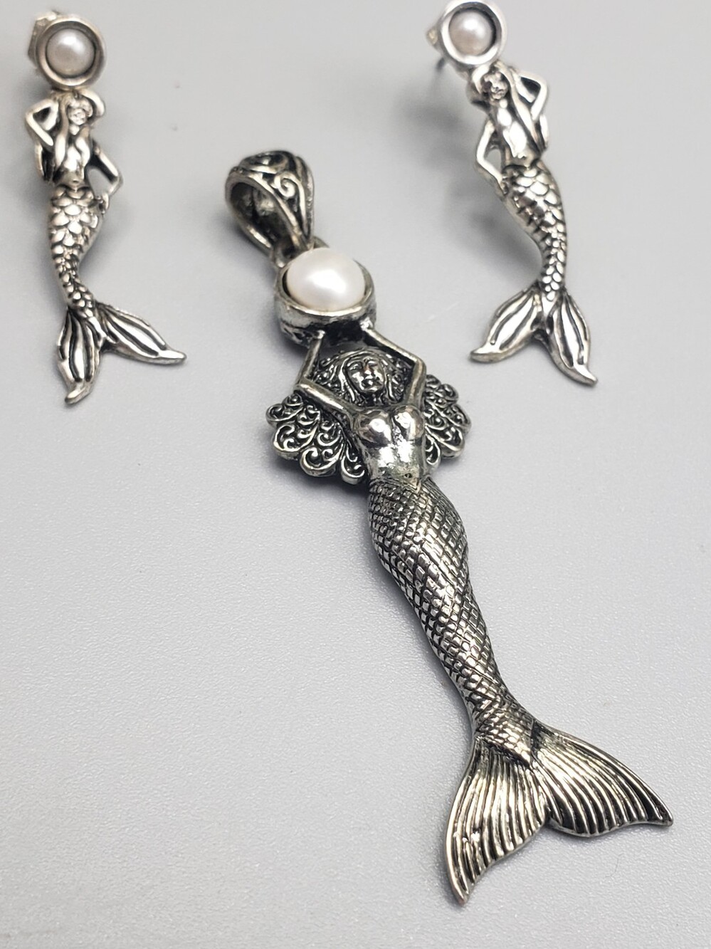 Mermaid Pendant & Earrings Set w/ Cabachon Faux Pearls - Fetish Ocean Coastal
